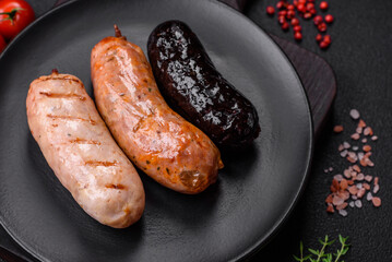 Delicious juicy sausages of several varieties grilled with salt, spices and herbs