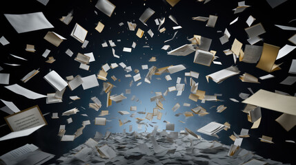 Flying paper sheets on dark background. Created with Generative AI technology.