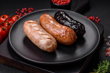 Delicious juicy sausages of several varieties grilled with salt, spices and herbs