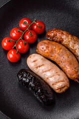 Delicious juicy sausages of several varieties grilled with salt, spices and herbs