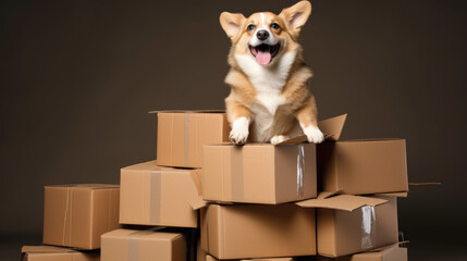 Plakat Corgi dog in cardboard boxes for moving. Created with Generative AI technology.