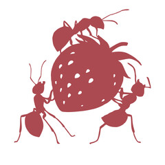 Vector illustration of worker ants liking strawberries. - 633849464