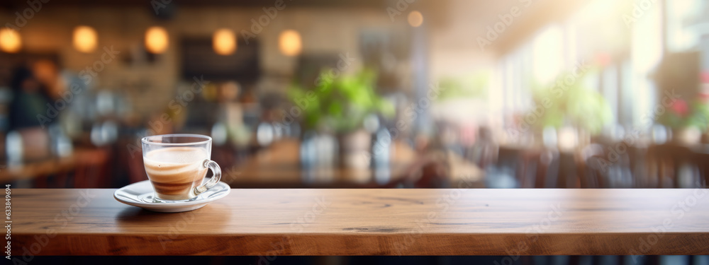 Aufkleber coffee table in the background of a blurred coffee shop with copy space. created with generative ai 