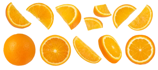 Foto op Canvas A set of sliced and whole oranges on a white isolated background. Round and half round orange slices of different sizes from different sides close-up. © SERSOLL