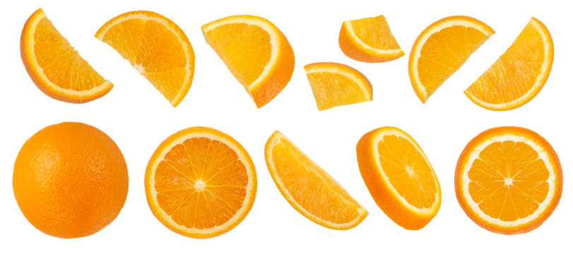 A set of sliced and whole oranges on a white isolated background. Round and half round orange slices of different sizes from different sides close-up.