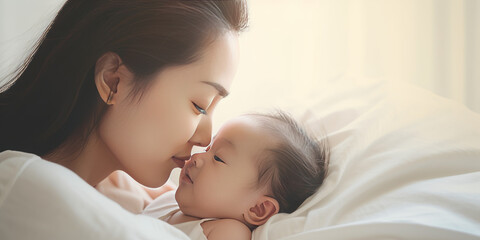 Obraz na płótnie Canvas Close up portrait of beautiful young asian caucasian mother day girl kissing healthy newborn baby sleep in bed