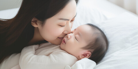 Fototapeta na wymiar Close up portrait of beautiful young asian caucasian mother day girl kissing healthy newborn baby sleep in bed