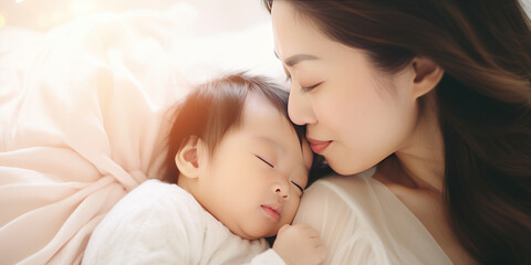 Fototapeta na wymiar Close up portrait of beautiful young asian caucasian mother day girl kissing healthy newborn baby sleep in bed