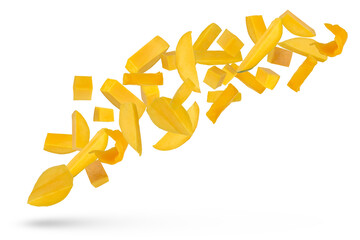 Fresh mango on a white isolated background. Slices of ripe mango scatter in different directions of...