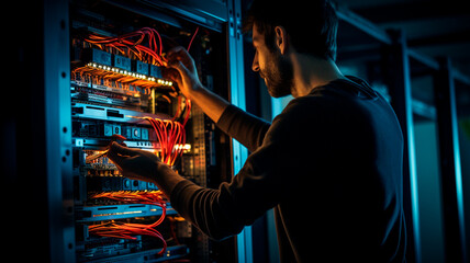 man working with server wires