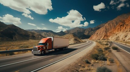 A semi-trailer for long-distance transportation, which travels at high speed on the highway. Created using Generative AI technology.