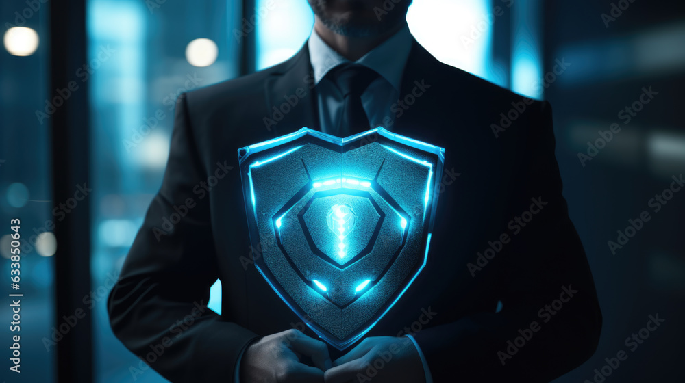 Aufkleber data protection and network security concept. glowing light shield on business man hand for internet