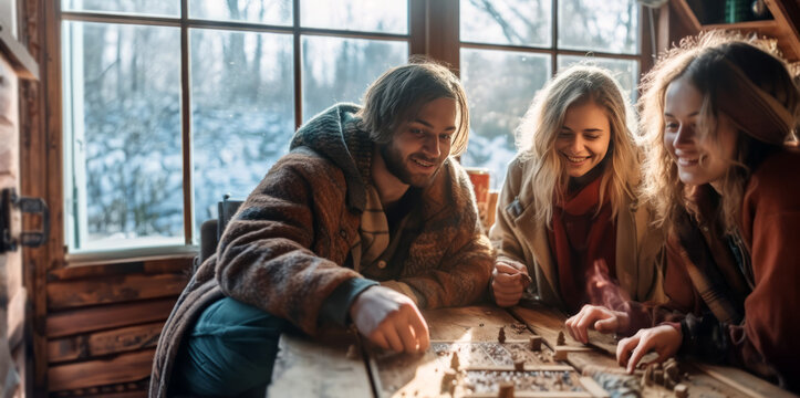 A Group Of Millennial Friends Enjoys Board Games At A Cozy Cottage In Winter, Reflecting Warmth, Togetherness, And The Simplicity Of Genuine Friendship.