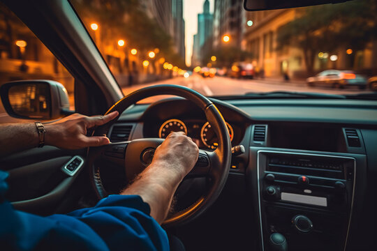 A man driving through city streets at dusk, captured from the driver's perspective, reflecting an urban commute and the calm ambiance of evening travel.
