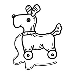 Children toy on wheels with rope dog terrier sketch. Preschool games. Hand drawn doodle illustration.