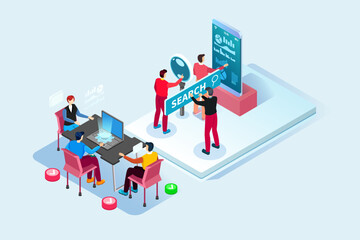 Flat isometric vector business illustration. small people characters develop creative business idea.