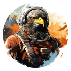 A daring Amerikan Eagle T-Shirt Design featuring the eagle as a futuristic space explorer, wearing an advanced space suit, Generative Ai