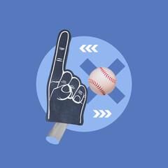 baseball fan, baseball, hand with foam hand, fanaticism, sport, supporting baseball, number 1 hand, sports fan, concept, collage art, photo collage