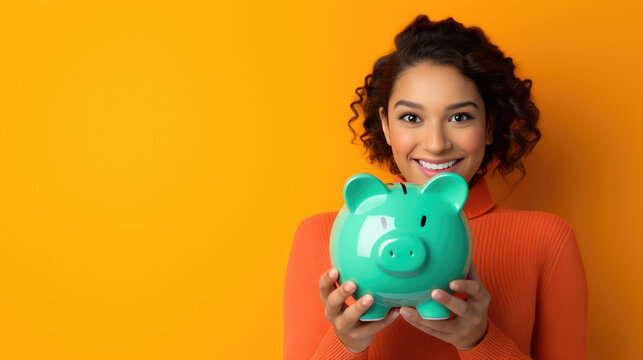 A happy Caucasian woman in a red casual jumper holds a green piggy bank on a yellow background. Created with Generative AI technology.
