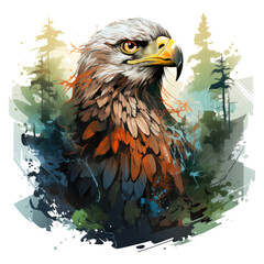  A mysterious Amerikan Eagle T-Shirt Design with the eagle as a creature of ancient mythology, soaring above an enchanted forest with towering ancient trees and glowing mushrooms, Generative Ai
