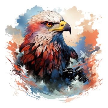 A whimsical Amerikan Eagle T-Shirt Design set in an imaginary world, with the eagle as a mythical guardian with shimmering wings, soaring amidst floating islands and surreal landscapes, Generative Ai