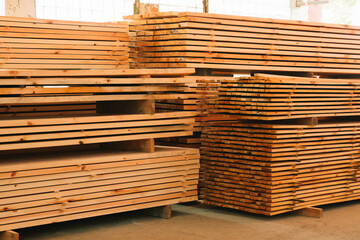 Wooden boards, lumber, industrial wood, timber. Pine wood timber
