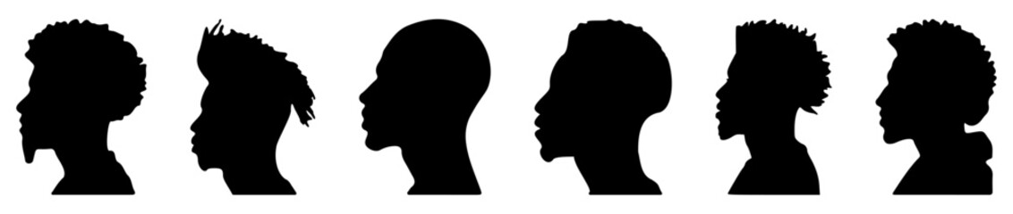 Naklejka na ściany i meble Silhouettes of African American men. Profile with various hairstyles. profile with various hairstyles