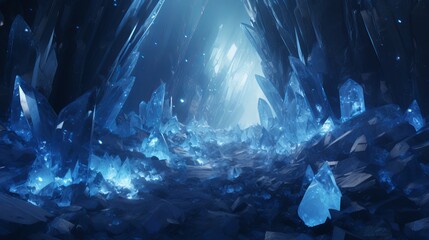 Mysterious blue crystal cave, stimulating adventure concept Generative AI