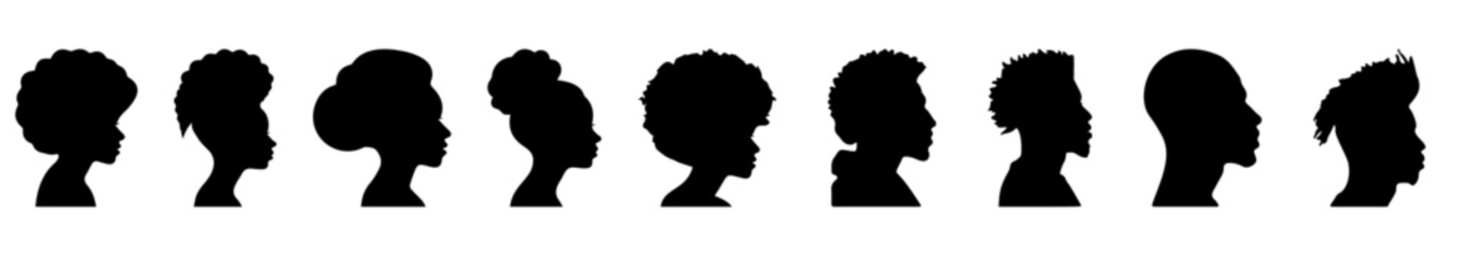 Silhouettes of African American men and women. Profile silhouettes. Vector illustration isolated on white background