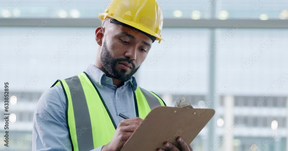Leinwandbilder building inspection, engineering and a construction worker with notes for industrial safety. plannin