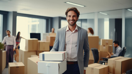 Businessman is moving to a new office. Holding a box of things in his hands. Created with Generative AI technology.