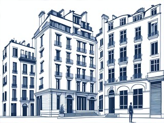 City street in Paris. Blueprint draw style. AI generated illustration