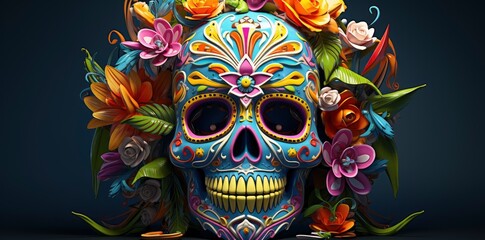 The day of the Dead. Colorful sugar skull all in patterns on a blue background, surrounded by flowers, in a colorful vibrant style, traditional Mexican style. Diaz de los Muertos.