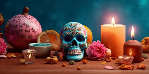 The day of the Dead. Colorful sugar skull all in patterns, on a blue background, surrounded by fruits and flowers, in a colorful bright style, traditional Mexican style. Diaz de los Muertos.