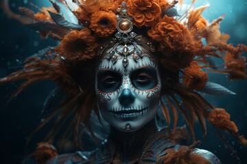 The day of the Dead. Portrait of a fictitious young girl, on a gloomy background with a vine of flowers on her head, with painted faces in the form of a sugar skull, Diaz de los muertos.
