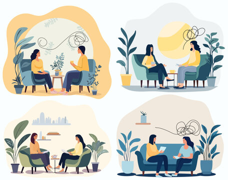 Concept of psychological healing. Woman attending a therapy appointment, engaging with a psychiatrist. Tackling stress, addictive behaviors, and mental hurdles. Vector.