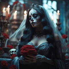 The day of the Dead. Portrait of a demoness in the form of a fictitious young girl, against a gloomy background with red roses, with painted faces in the form of a sugar skull, Diaz de los muertos.