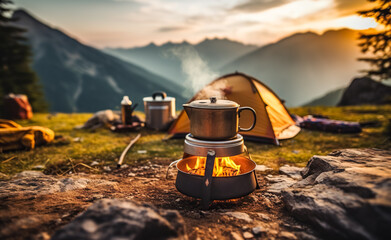 Camp fire and tea pot, tent and mountains in the background at sunset. Travel concept and Hobbies - Powered by Adobe