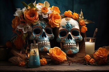 The day of the Dead. Two sugar skulls in floral headdresses on a table in a dark setting, in a traditional Mexican style.