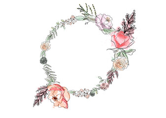 Watercolor symbol flower round frame. Floral wreath. Meadow flowers circle border. Simple drawing flawers for wedding invitation, poster, background banner