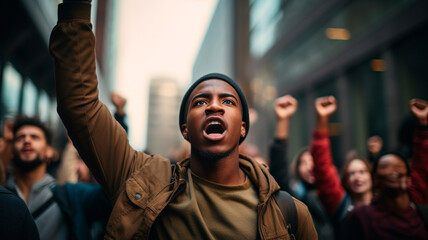 young black man protesting along with a crowd of people