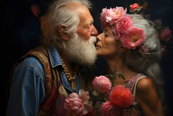 Old age couple kiss among flowers