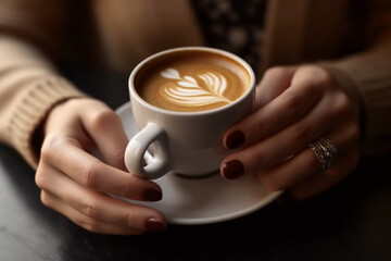 Close up of woman holding a cup of coffee latte