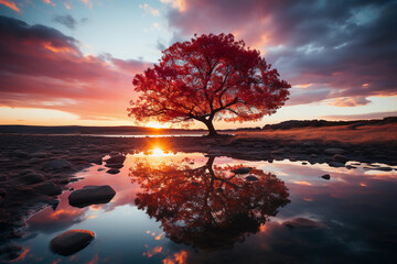 Reflection of sunset on a lake, Photography. Generative AI - obrazy, fototapety, plakaty