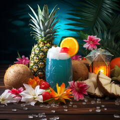 Hawaiian themed cocktail setup with tropical fruits and background. Created using generative AI