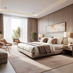 Interior of contemporary hotel room with modern wooden walls. Created using generative AI