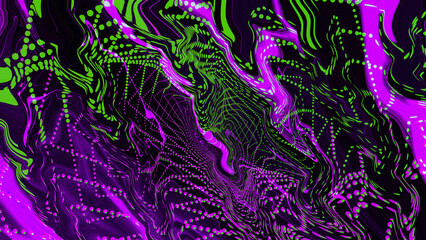 Fluid neon green purple pink wave on black background. Abstract liquid line. Glitch Art trippy digital wallpaper. Celebration Backdrop. Template. texture. gradient. Violet dots. Metaverse portal space