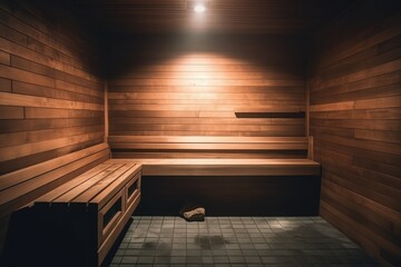 Empty wooden steam room with stone heater