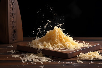 Shredded cheese grated on a wooden cutting board