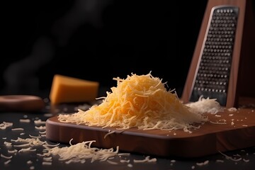 Shredded cheese grated on a wooden cutting board - obrazy, fototapety, plakaty